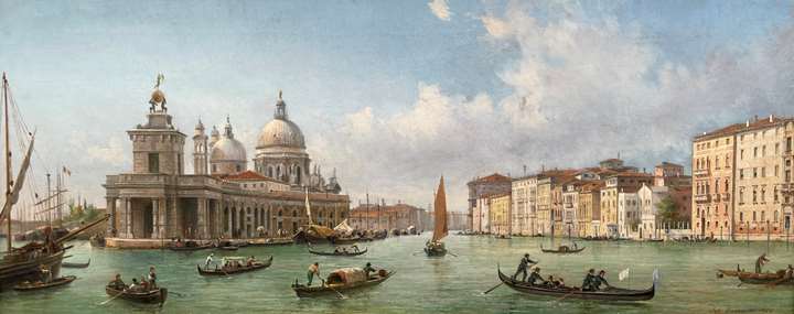 Gondolas and boats on the Molo, looking West towards Santa Maria Della Salute